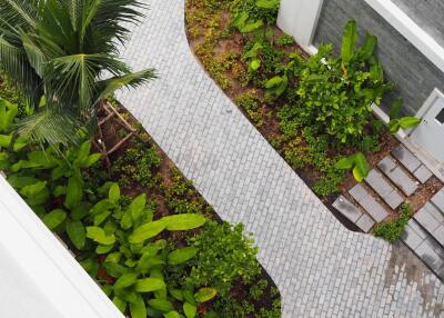 Aerial view of a landscaped walkway with greenery