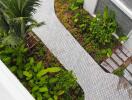 Aerial view of a landscaped walkway with greenery