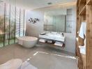 Modern bathroom with white bathtub, floating vanity, large mirror, and wooden shelving