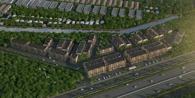 Aerial view of residential buildings surrounded by greenery