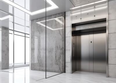 Modern building lobby with glass walls and elevators