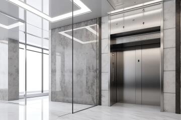 Modern building lobby with glass walls and elevators