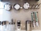 Bathroom counter with toiletries and dental products