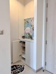 Corner nook with storage and artwork