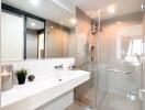 Modern bathroom with glass shower and large mirror