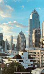 View of city skyline with modern skyscrapers