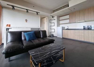 Modern living room with black sofa and kitchenette