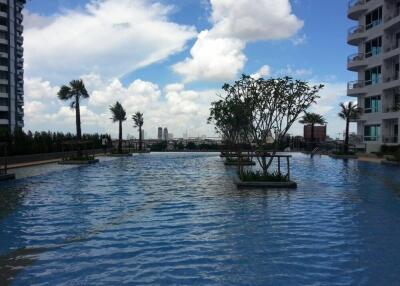 Swimming pool with surrounding high-rise buildings