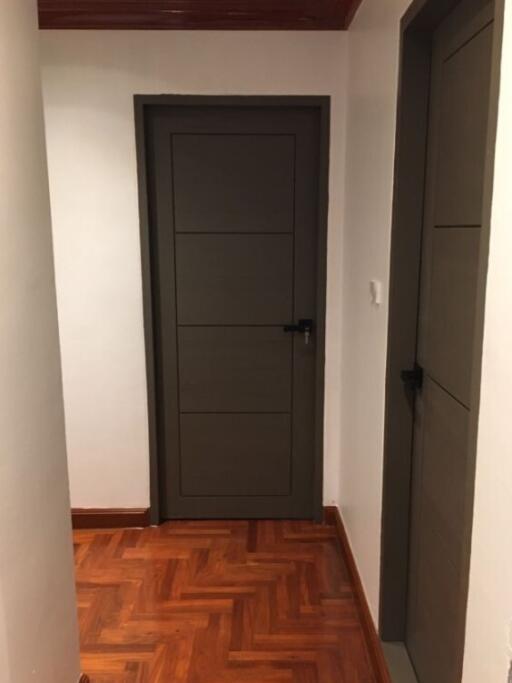 Hallway with wooden flooring and dark doors