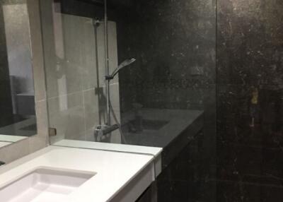 Modern bathroom with glass shower enclosure and sink