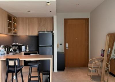 Modern kitchen with island and living area