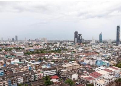 Aerial view of a city with various buildings