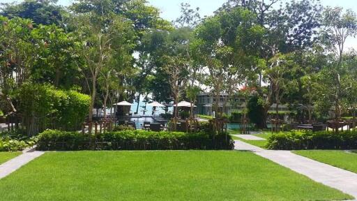 A view of a large outdoor garden area with lush greenery, trees, and an open grassy lawn