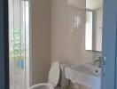 Bathroom with toilet, sink, and a narrow window with frosted glass