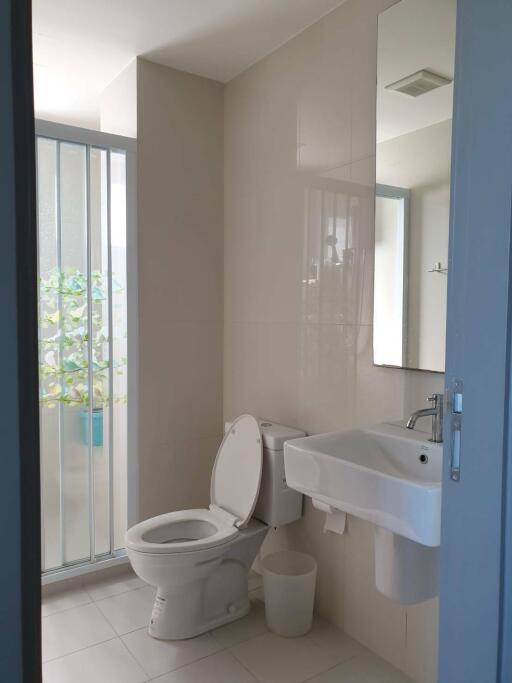 Bathroom with toilet, sink, and a narrow window with frosted glass