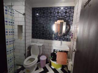 Bathroom with modern design elements and amenities