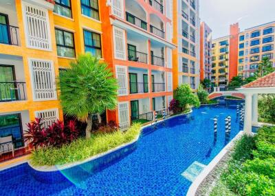 Colorful apartment building with swimming pool