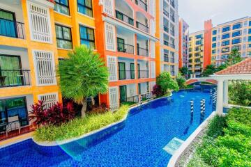 Colorful apartment building with swimming pool