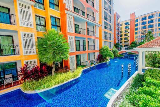 Colorful apartment building with swimming pool