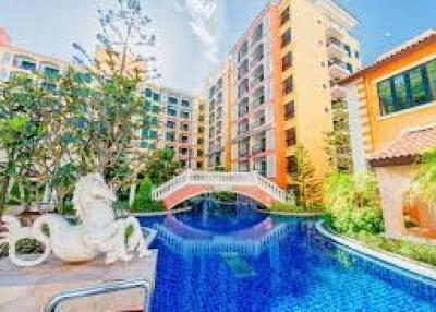 View of residential buildings with pool