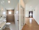 Bathroom and living area with hardwood floors