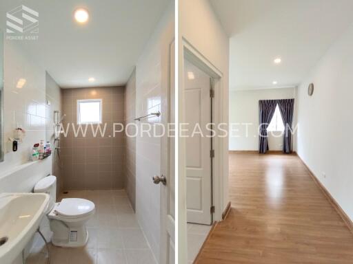 Bathroom and living area with hardwood floors