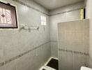 Bathroom with tiled walls, ceiling light, and small windows