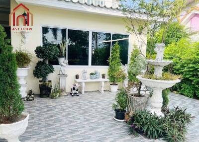 Outdoor garden area with plants and fountain