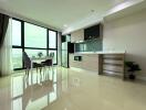 Modern kitchen with dining area and large window