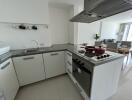 Modern kitchen with white cabinetry and stainless steel appliances