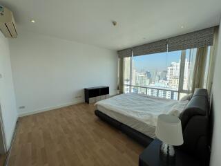 Modern bedroom with a city view