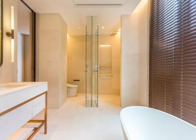 Modern bathroom with glass shower and bathtub