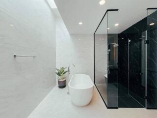 Modern bathroom with bathtub and shower area