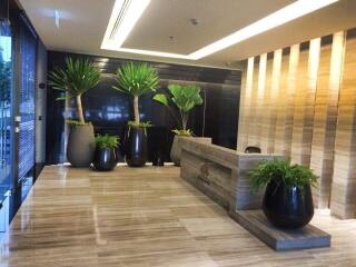 Modern building lobby with plants and wooden accents