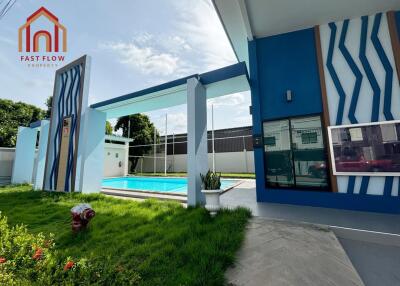 Outdoor pool area with modern design features