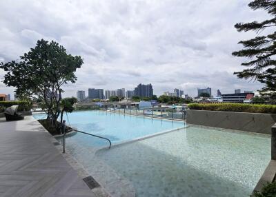 Modern outdoor swimming pool with city view