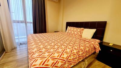 Modern bedroom with bed and nightstand