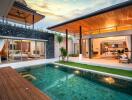 Modern outdoor living area with pool and open living spaces