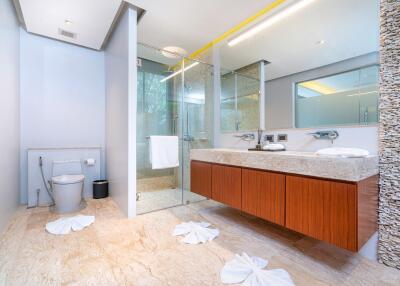 Modern bathroom with large mirror, dual sinks, walk-in shower, and toilet