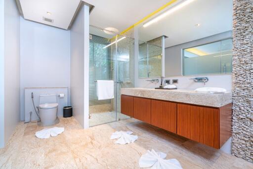 Modern bathroom with large mirror, dual sinks, walk-in shower, and toilet