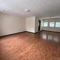 Spacious living room with wooden flooring and large windows