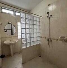 Spacious bathroom with shower, sink, and glass block partition