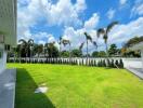 Spacious backyard with lush green lawn and palm trees under a bright blue sky