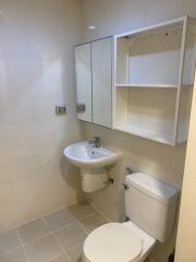 Modern bathroom with sink, toilet, and storage shelves