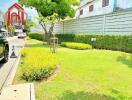 Beautifully maintained green lawn with surrounding trees and bushes