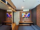 Bedroom with modern decor featuring a mirrored wardrobe and wall-mounted television