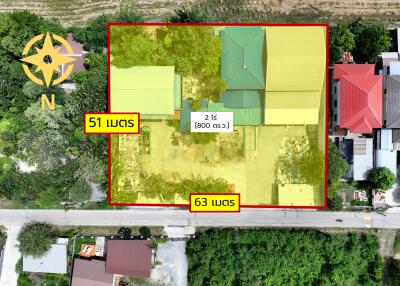 Aerial view highlighting property dimensions and area