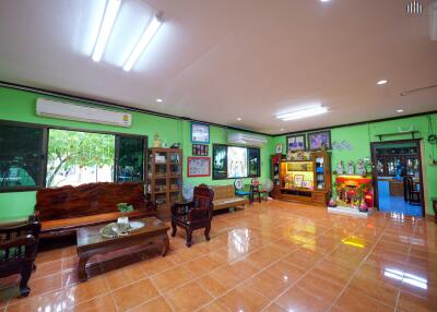 Spacious living room with green walls and ample lighting