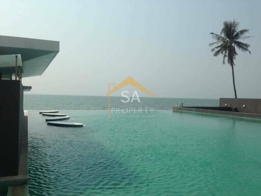 Seaside swimming pool area with ocean view and palm tree