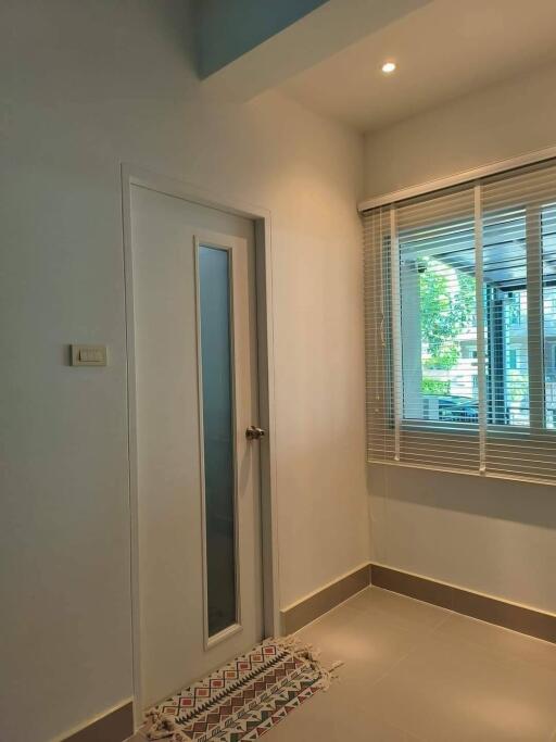 A corner of a room with a door, window with blinds, and a rug on the floor